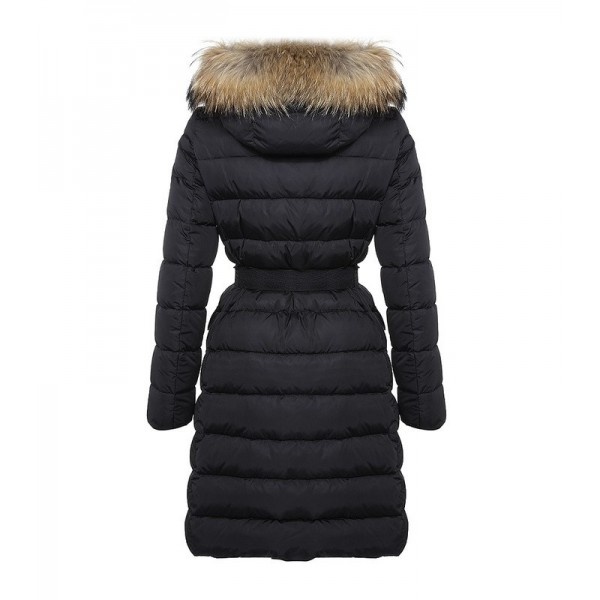 Moncler Moda Nero Lunghi Fur Cap e cinturino Cappotti